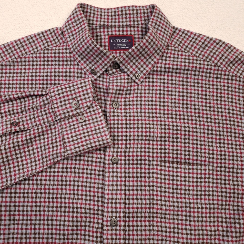 UNTUCKit Flannel Shirt Men Medium Red Gray Plaid Cotton Vin De Garde Button Down